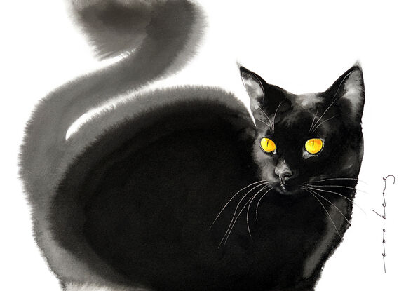 Cat’s sleek black fur and golden eyes enchant all who meet her gaze, her tail swaying with fluid grace.