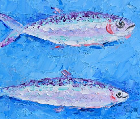 A painting of three silver sardines swimming through a textured blue sea, 