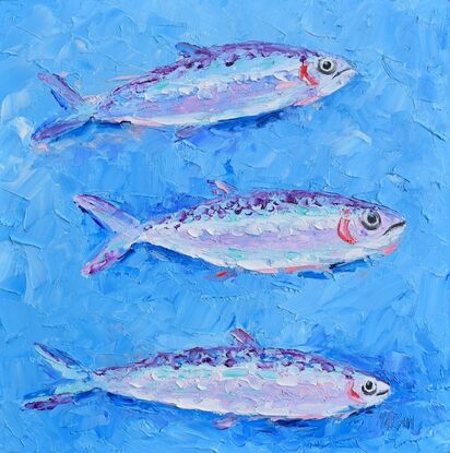 A painting of three silver sardines swimming through a textured blue sea, 