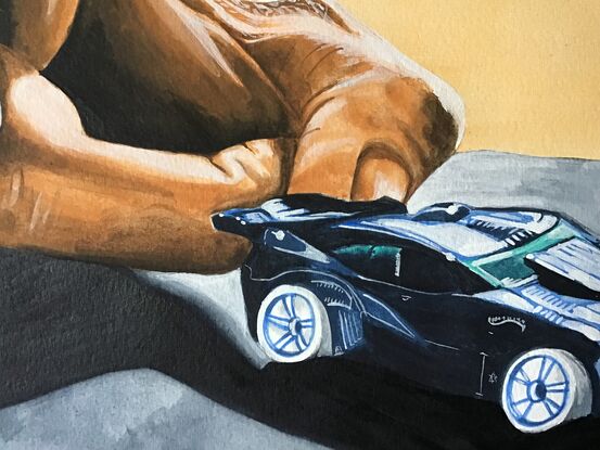 The third in my BIG ADVENTURES series. A wide angle painting of a hand ready to flick a hot wheels car. With a little lady looking on.