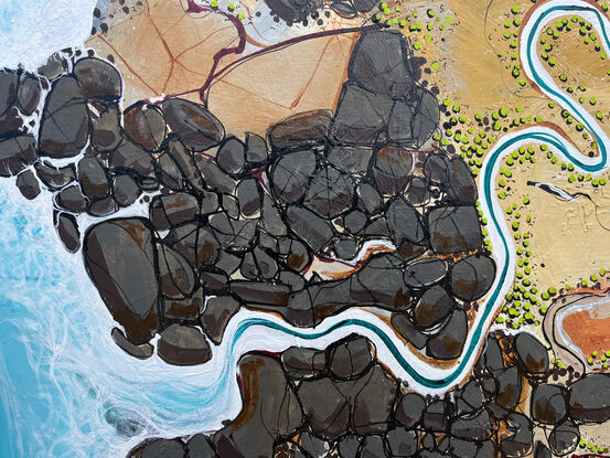 The Cape is a colourful textured aerial landscape with winding river dotted with tiny trees leading to a vivid blue pool of water with a rocky outcrop.