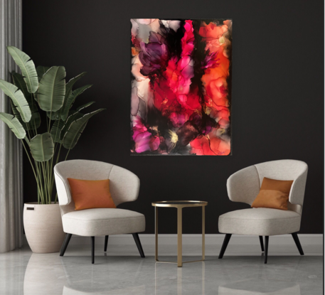 Large abstract painting on canvas  in tones of red and black with gold metallic highlights depicting fire ice and floods