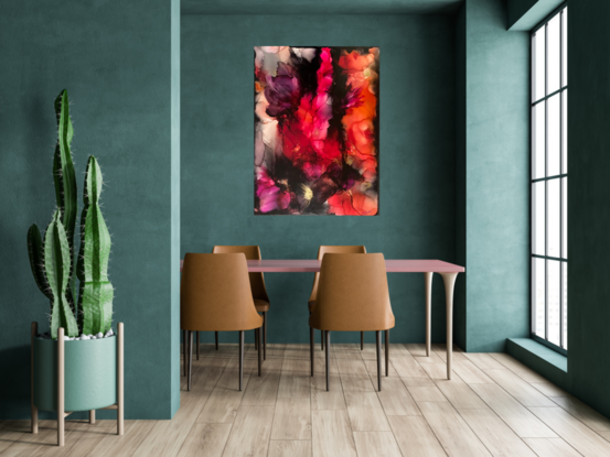 Large abstract painting on canvas  in tones of red and black with gold metallic highlights depicting fire ice and floods