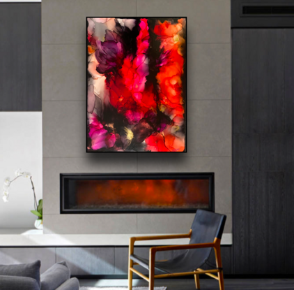 Large abstract painting on canvas  in tones of red and black with gold metallic highlights depicting fire ice and floods