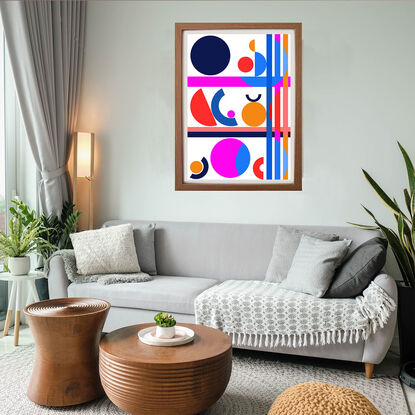 This artwork has hortizontal and vertical stripes making a pattern behind the different phases of the moon. 