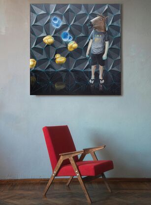 A boy in a horse mask stands in front of a wall featuring a geometric pattern. Six rubber ducks are levitating near him, two of them glowing neon blue. The boy wears a t-shirt with the print 'I'm a Boy.'