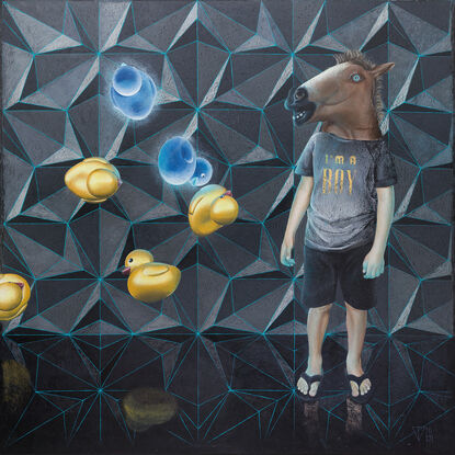 A boy in a horse mask stands in front of a wall featuring a geometric pattern. Six rubber ducks are levitating near him, two of them glowing neon blue. The boy wears a t-shirt with the print 'I'm a Boy.'