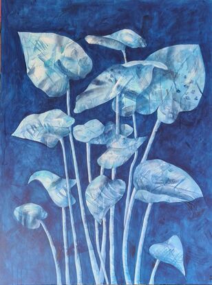 A Caladium plan painted in blue tones with a bit of silver  in blue background