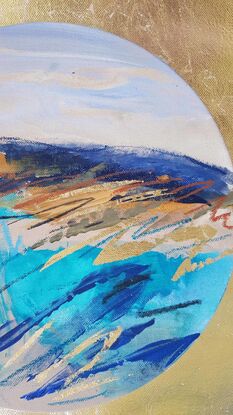 An abstract seascape of bright blues and aqua, gold leaf and soft greys