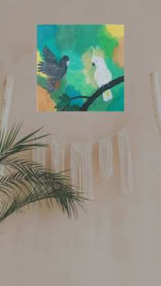 Acrylic colors on canvas board, beautiful cockatoo bird art, used sponge to blend the green shades of colors to create the background, used flexible modeling paste to create the branch and leaves, ready to hang, happy painting, 