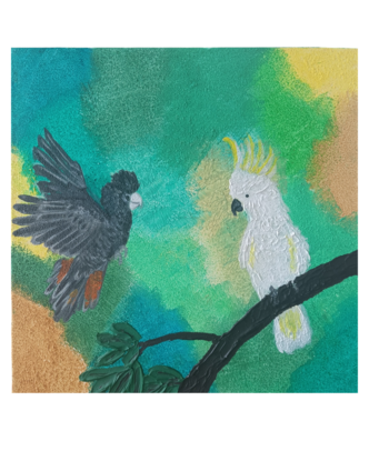 Acrylic colors on canvas board, beautiful cockatoo bird art, used sponge to blend the green shades of colors to create the background, used flexible modeling paste to create the branch and leaves, ready to hang, happy painting, 