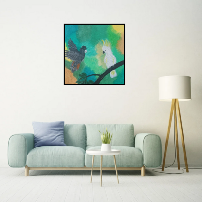 Acrylic colors on canvas board, beautiful cockatoo bird art, used sponge to blend the green shades of colors to create the background, used flexible modeling paste to create the branch and leaves, ready to hang, happy painting, 