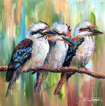 Three kookaburras sitting on a tree branch. Painted in vibrant colours and loose, impressionistic style. 