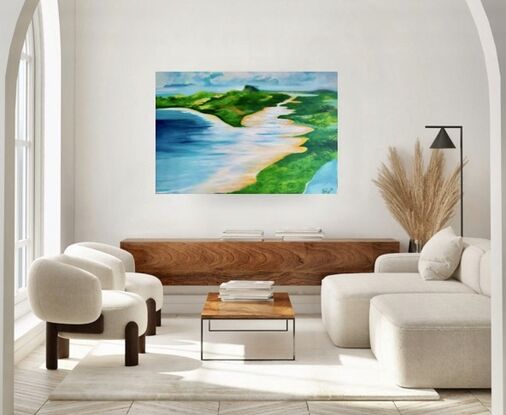 The painting features beautiful Aqua/turquoise and white hues, with sweeping Forrest green hills with yellow oxide sand ,capturing the essence of Hamilton Island in Queensland, Australia. Created with acrylic high flow and acrylic paint, this seascape painting depicts an aerial shot of the stunning scenery. The colours of Aqua/turquoise and white evoke a sense of serenity and tranquility, reflecting the natural beauty of the island. This unique piece is a one-off original artwork that comes with a certificate of authenticity, ensuring its provenance and value. The artist's skilful use of colours and tools brings the breathtaking landscape of Hamilton Island to life on canvas.