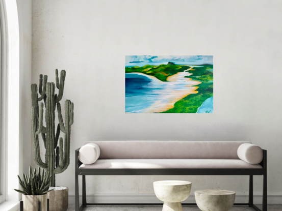 The painting features beautiful Aqua/turquoise and white hues, with sweeping Forrest green hills with yellow oxide sand ,capturing the essence of Hamilton Island in Queensland, Australia. Created with acrylic high flow and acrylic paint, this seascape painting depicts an aerial shot of the stunning scenery. The colours of Aqua/turquoise and white evoke a sense of serenity and tranquility, reflecting the natural beauty of the island. This unique piece is a one-off original artwork that comes with a certificate of authenticity, ensuring its provenance and value. The artist's skilful use of colours and tools brings the breathtaking landscape of Hamilton Island to life on canvas.