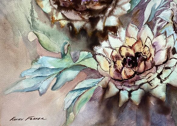 All flowers are beautiful, but this Artichoke as a vegetable and flower was a fascinating study.  I captured some of its qualities with paint, then more of it's  structure with sepia coloured ink.





