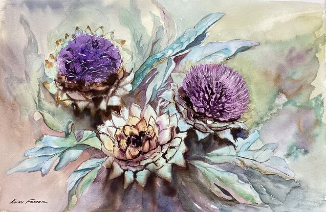 All flowers are beautiful, but this Artichoke as a vegetable and flower was a fascinating study.  I captured some of its qualities with paint, then more of it's  structure with sepia coloured ink.





