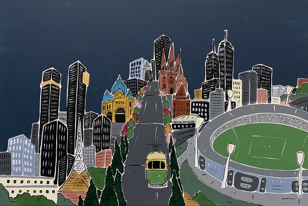 Simplistic landscape of Melbourne cityscape from StKilda road, including iconic buildings bright vibrant 