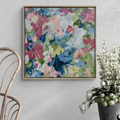 colourful original painting of minimal shaped abstract flowers in a garden in pinks, dark blues and greens.