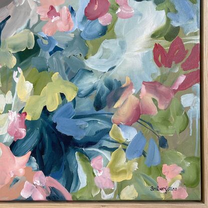 colourful original painting of minimal shaped abstract flowers in a garden in pinks, dark blues and greens.