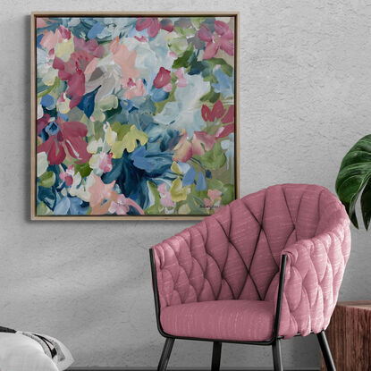 colourful original painting of minimal shaped abstract flowers in a garden in pinks, dark blues and greens.