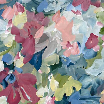 colourful original painting of minimal shaped abstract flowers in a garden in pinks, dark blues and greens.