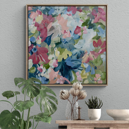 colourful original painting of minimal shaped abstract flowers in a garden in pinks, dark blues and greens.