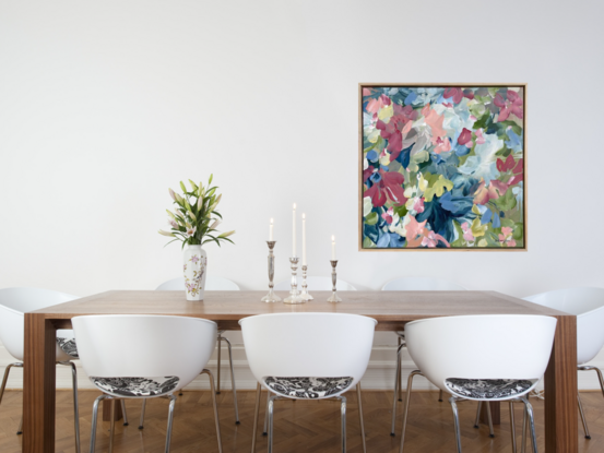 colourful original painting of minimal shaped abstract flowers in a garden in pinks, dark blues and greens.