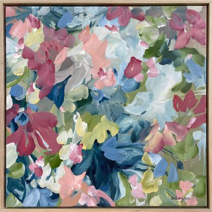 colourful original painting of minimal shaped abstract flowers in a garden in pinks, dark blues and greens.