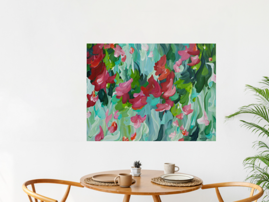 Red and blue abstract flower landscape original painting