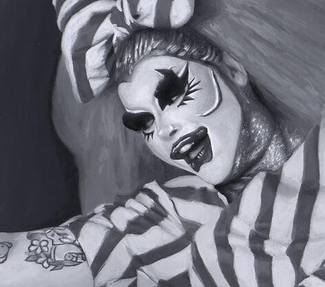 The painting features drag performer, Prozac lying in a circular inflatable pool ring, seemingly drifting in a pool. Prozac is dressed in a playful, striped outfit with a large bow on their head. Their makeup is exaggerated and expressive, highlighting their eyes and lips. Tattoos adorn Prozac's arms and legs, adding intricate details to their appearance.

Surrounding Prozac, the letters "P-R-O-Z-A-C" float in the background, subtly integrated into the scene. These letters have the appearance of alphabet soup. A large spoon hovers in the upper right corner, adding a surreal touch to the composition. The entire painting is rendered in a monochrome palette, emphasizing the contrast between light and shadow. The performer's relaxed pose, combined with the playful and surreal elements, creates a whimsical and dreamlike atmosphere.