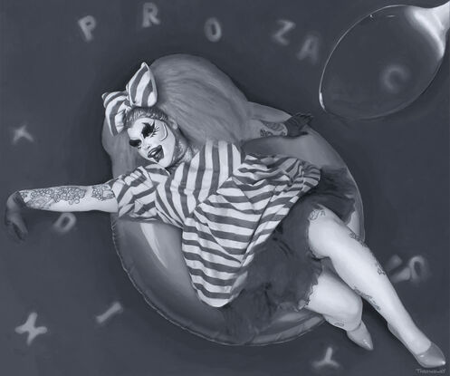 The painting features drag performer, Prozac lying in a circular inflatable pool ring, seemingly drifting in a pool. Prozac is dressed in a playful, striped outfit with a large bow on their head. Their makeup is exaggerated and expressive, highlighting their eyes and lips. Tattoos adorn Prozac's arms and legs, adding intricate details to their appearance.

Surrounding Prozac, the letters "P-R-O-Z-A-C" float in the background, subtly integrated into the scene. These letters have the appearance of alphabet soup. A large spoon hovers in the upper right corner, adding a surreal touch to the composition. The entire painting is rendered in a monochrome palette, emphasizing the contrast between light and shadow. The performer's relaxed pose, combined with the playful and surreal elements, creates a whimsical and dreamlike atmosphere.