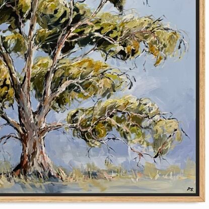 A large green gum tree is captured with loose brush strokes with a blue background 