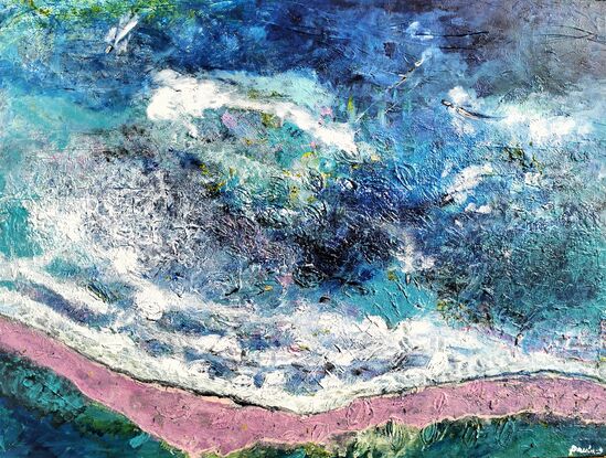 Aerial painting of the beach from above with pink sand and waves from above made with texture, realistic looking.