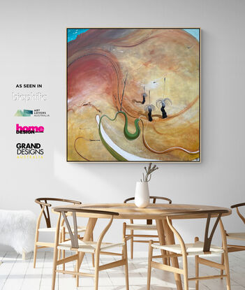 Framed Neutral and earthy toned abstract landscape with swirling marks, native grasses and blue sky.
