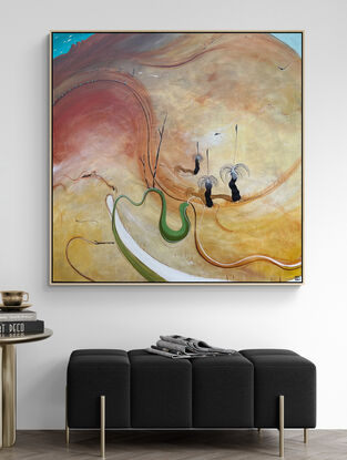 Framed Neutral and earthy toned abstract landscape with swirling marks, native grasses and blue sky.
