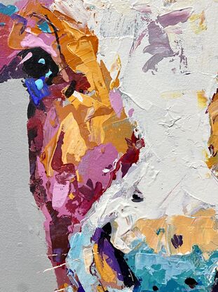 Portrait of a cow in vibrant textured colours. 