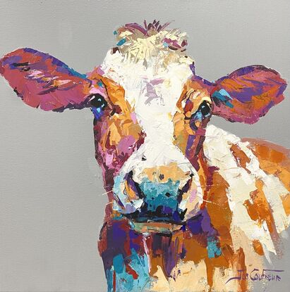 Portrait of a cow in vibrant textured colours. 