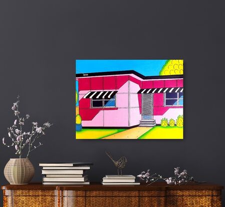 A fun and colourful depiction of the Australian beach shack of bygone days, evoking nostalgic memories and simpler times.