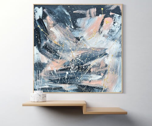 Navy, white, blush pink and metallic gold in large brushstrokes and paint splatters