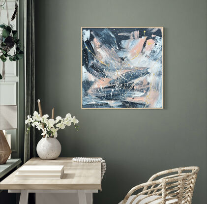 Navy, white, blush pink and metallic gold in large brushstrokes and paint splatters