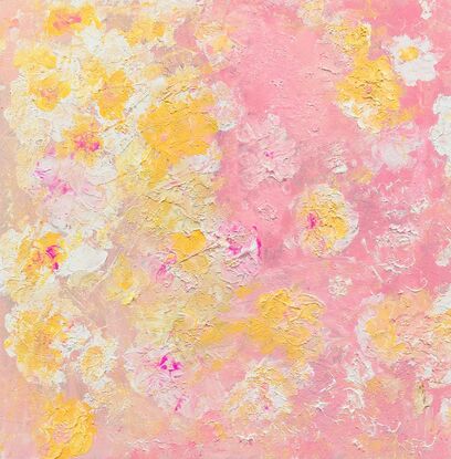 Yellow abstract poppies against a blush pink and white textured background