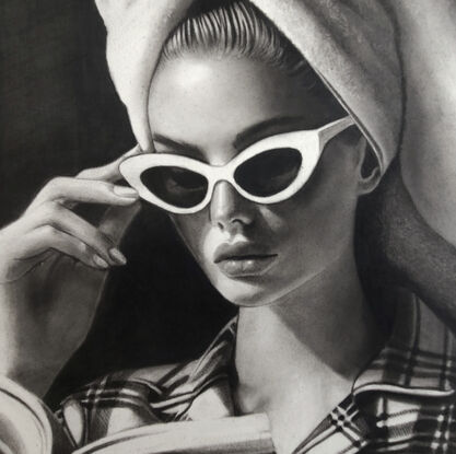 High contrast detailed charcoal  portrait of a beautiful 1950s woman in pyjamas and sunglasses reading a book