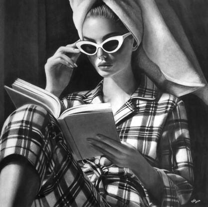 High contrast detailed charcoal  portrait of a beautiful 1950s woman in pyjamas and sunglasses reading a book