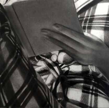 High contrast detailed charcoal  portrait of a beautiful 1950s woman in pyjamas and sunglasses reading a book