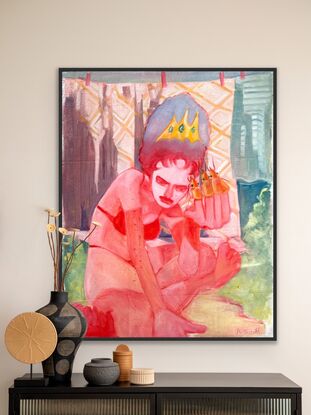 Feminine Figure sitting crossed legged in front on laundry with prawns on her fingers and a crown on her head