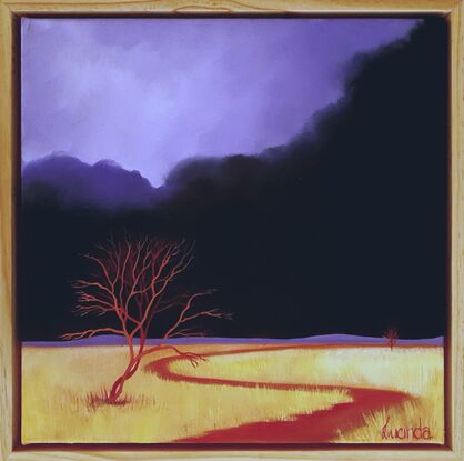 Australian landscape with dark violet sky and a red road meandering through the countryside, an autumn tree in the foreground, framed with a natural wood frame, lucinda Leveille, original art