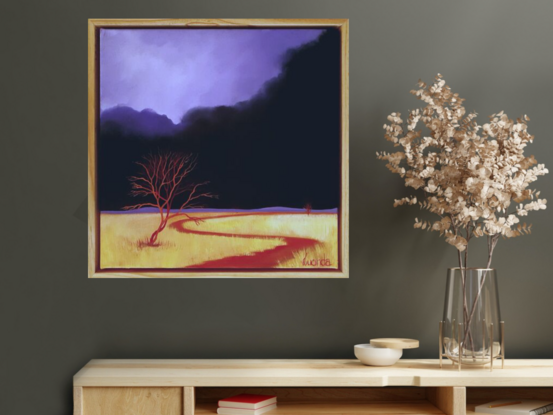 Australian landscape with dark violet sky and a red road meandering through the countryside, an autumn tree in the foreground, framed with a natural wood frame, lucinda Leveille, original art