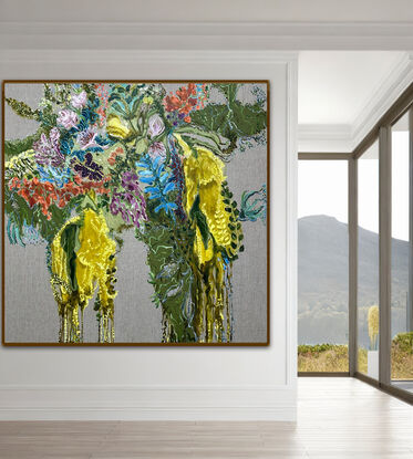  Bright Yellow  Flowers and foliage on Linen



