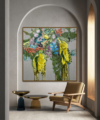  Bright Yellow  Flowers and foliage on Linen



